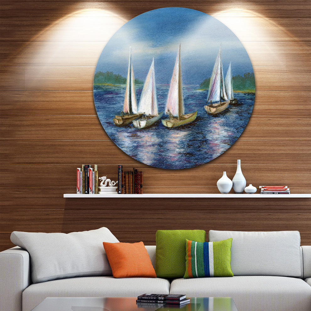 Yachts By Obsky Sea, Seascape Photo Disc Metal Artwork, 36"