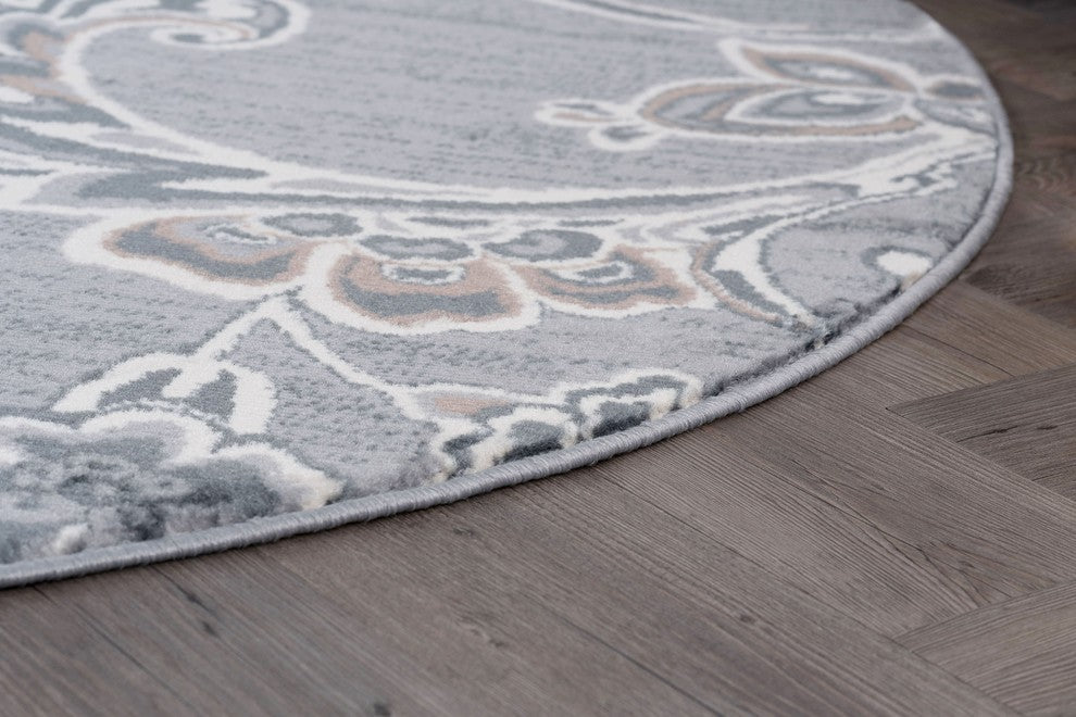 Garland Transitional Floral Gray Round Area Rug, 5' Round