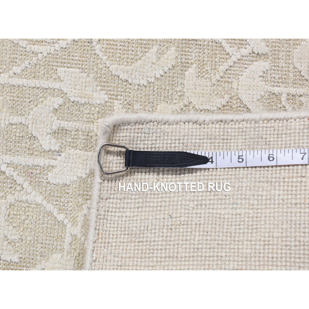 White Hand Knotted Tone on Tone Design Silk With Wool Runner Rug 2'6"x10'1"