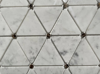 White Carrara Marble Triangle Mosaic Tile Emperador Dark Dots Polished, 1 sheet