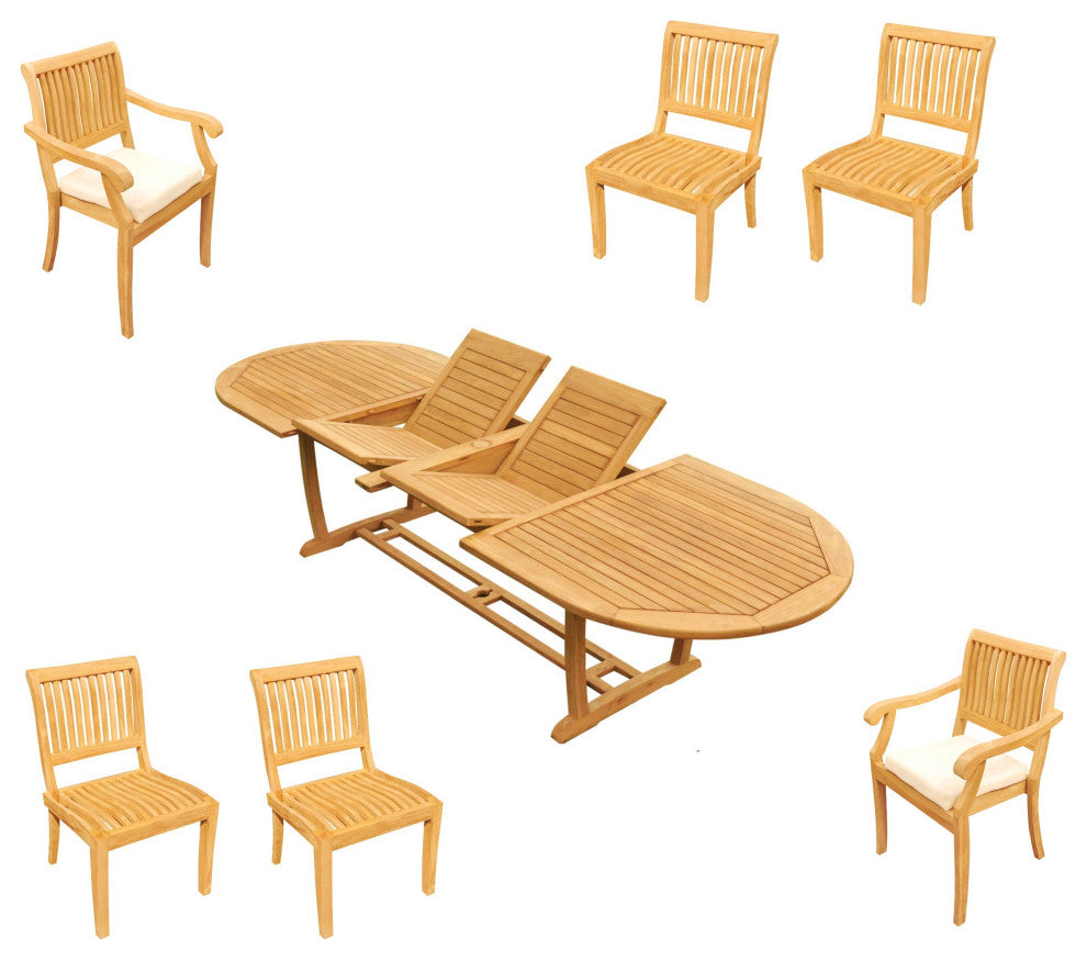 7-Piece Outdoor Teak Dining Set: 94" Masc Oval Extn Table, 6 Arbor Chairs
