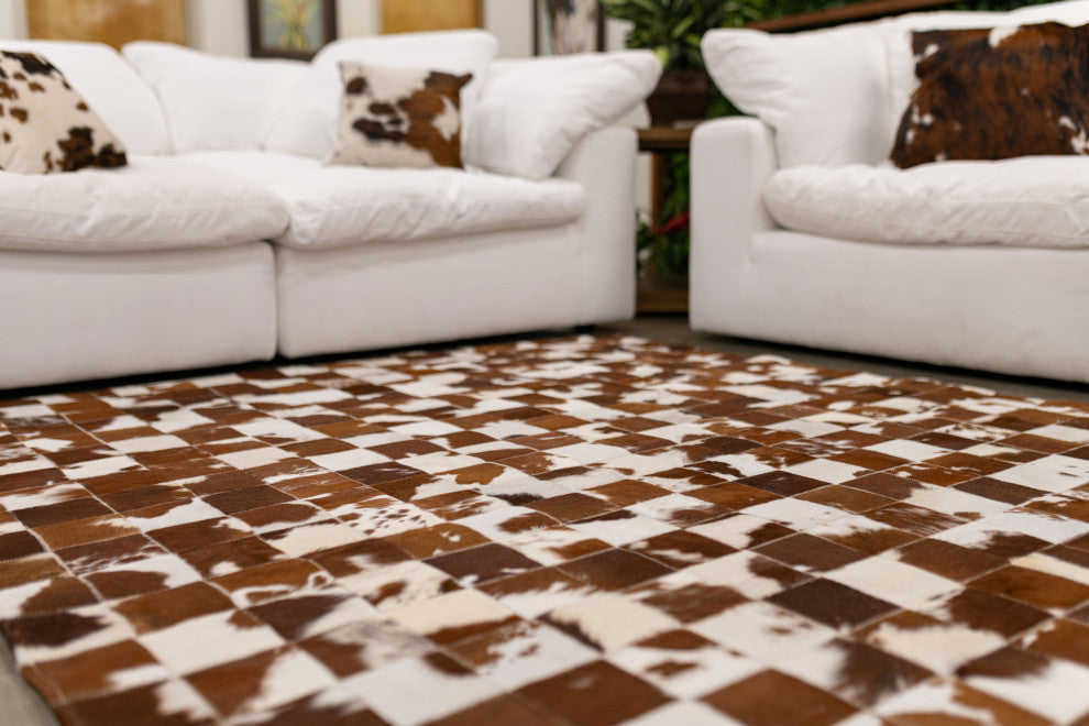 Cowhide Patchwork Rug, Brown and White , 6x8