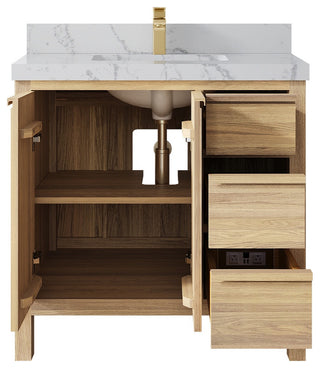 Elizabeth Oak 36" Center Sink Vanity, White 2" Venatino Quartz