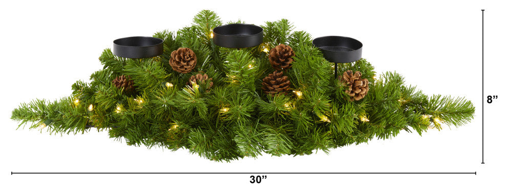 30ï¿½ Christmas Pine Triple Candelabrum with 35 Clear Lights and Pine Cones