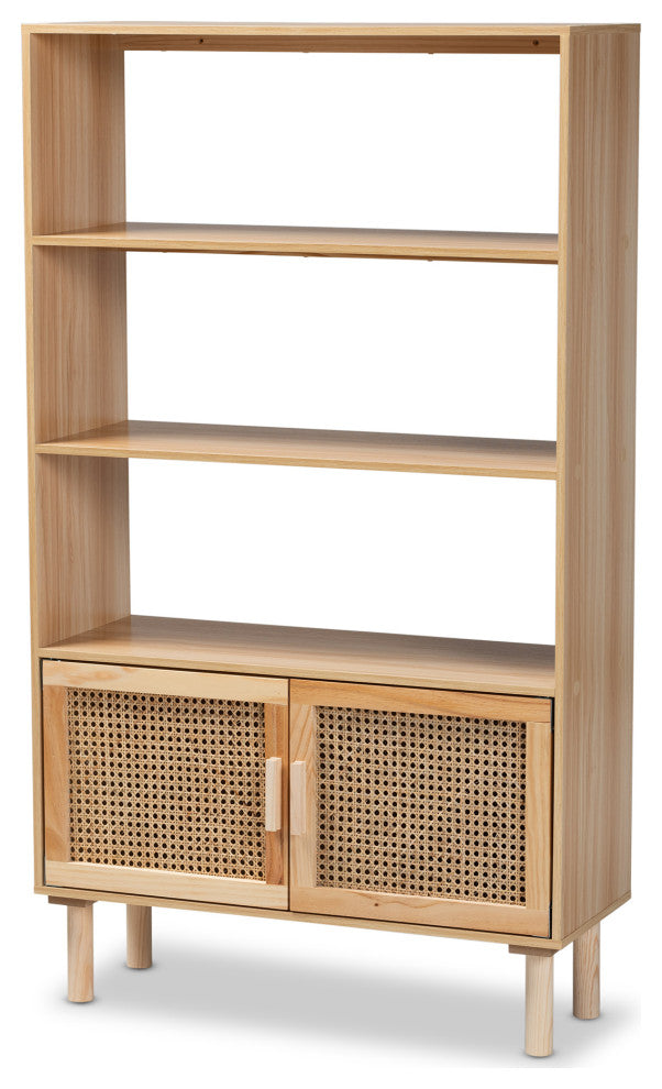 Saskia Mid-Century Modern Natural Brown Finished Wood and Rattan 2-Door Bookcase