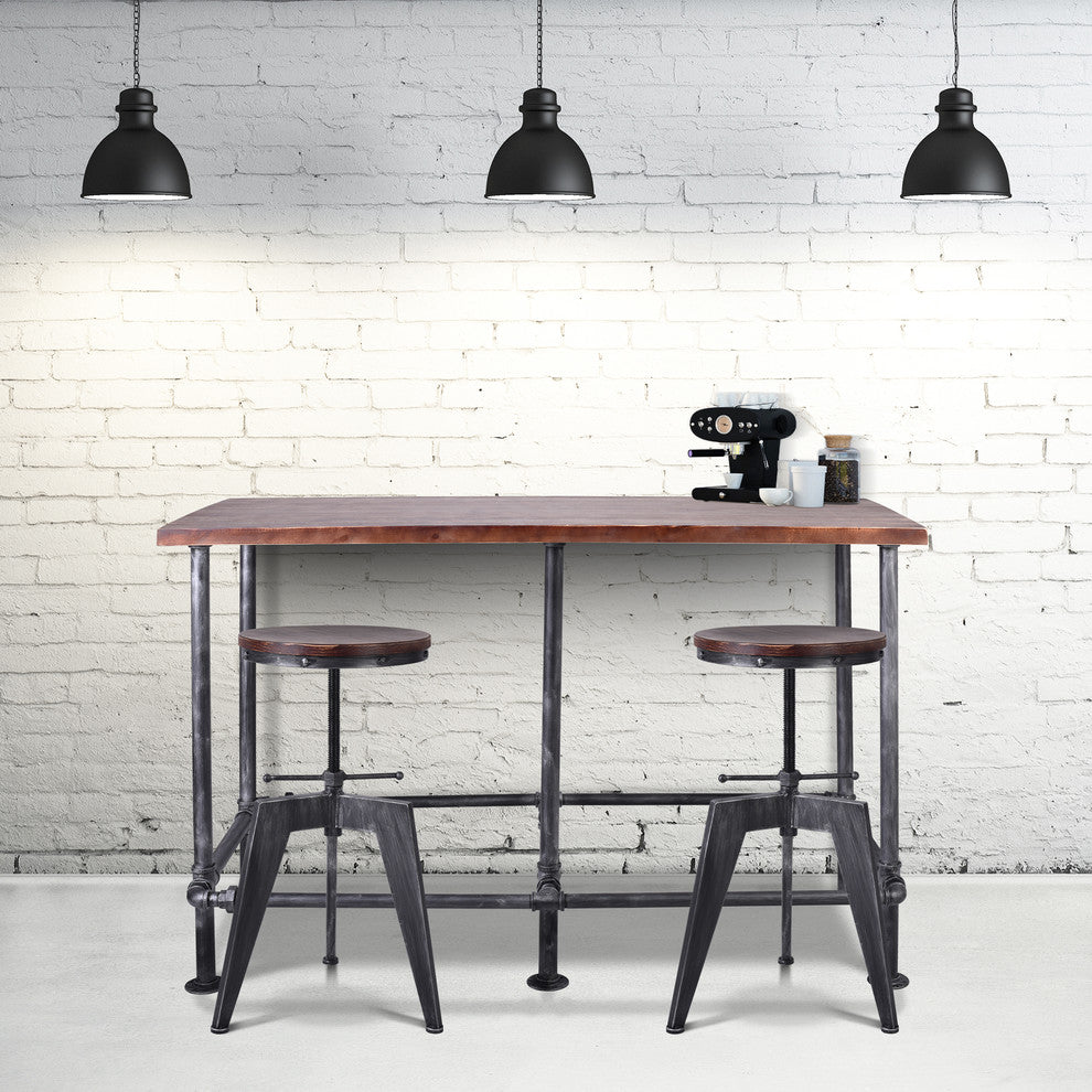 Oxford Industrial Metal Bar Table, Silver Brushed Gray, Rustic Pine Top