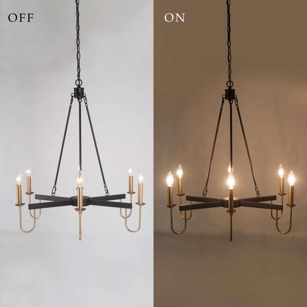 LNC 6-Lights Matte Black Modern Gold Candle-Style Chandelier For Dining Room