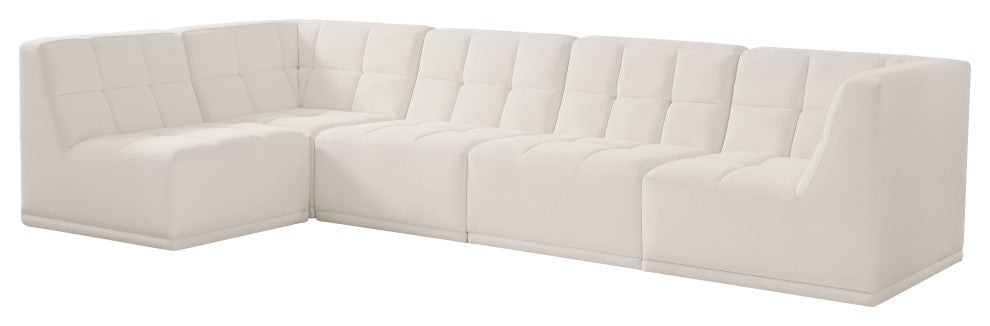 Relax Velvet Upholstered 5-Piece L-Shaped Modular Sectional, Cream