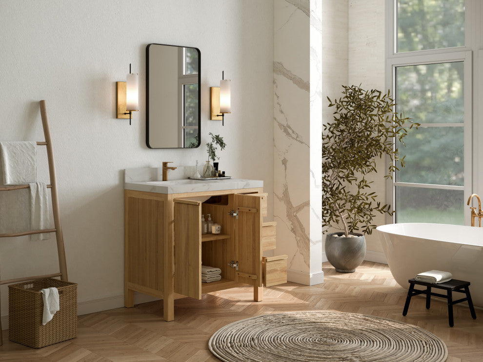 Elizabeth 36 Left Offset Bath Vanity in Light Natural Teak 2" Calacatta Nuvo