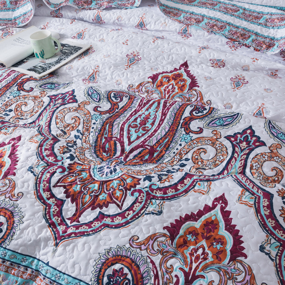 Bohemian Coconut White Sky Beach Vibes Floral Paisley Bedspread Set, California