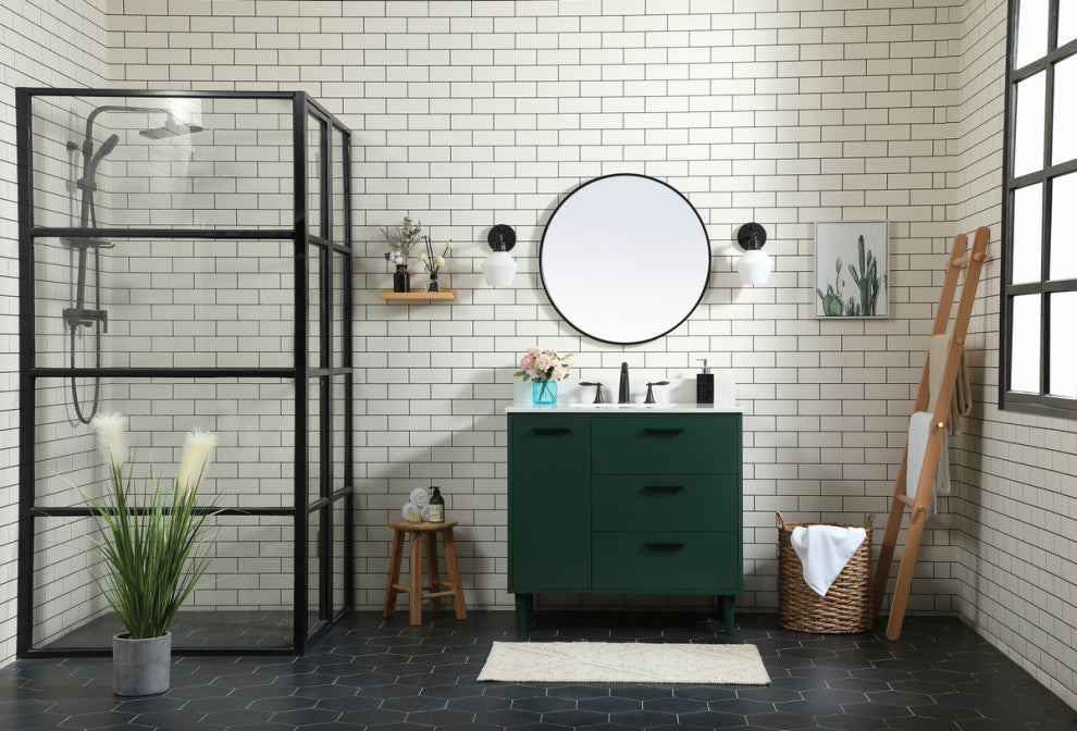 Home Living Modern Natural Oak-Light Bathroom Vanity, Green, 36"