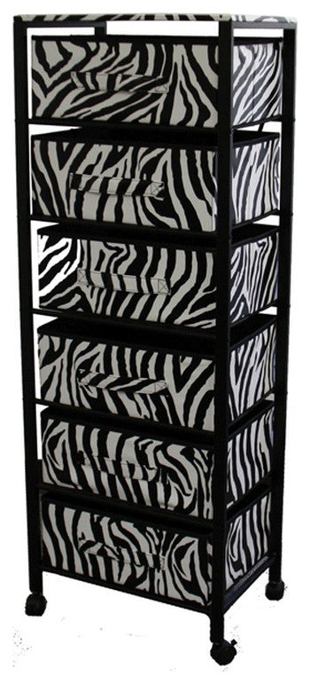 Zebra Black and White Rolling Six Drawer Tower Organizer