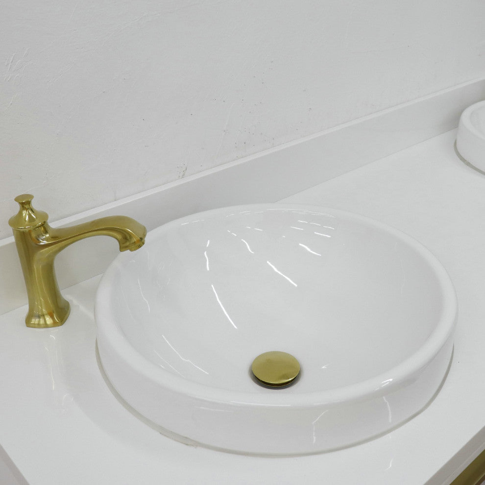 61" Double Sink Vanity, White Finish With Engineered Stone Top And Round Sink