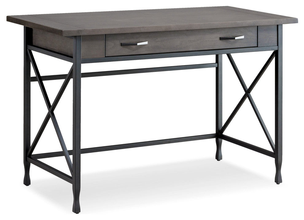 Transitional Desk, X Matte Black Sides & Drawer With Drop Down Front, Smoke Gray