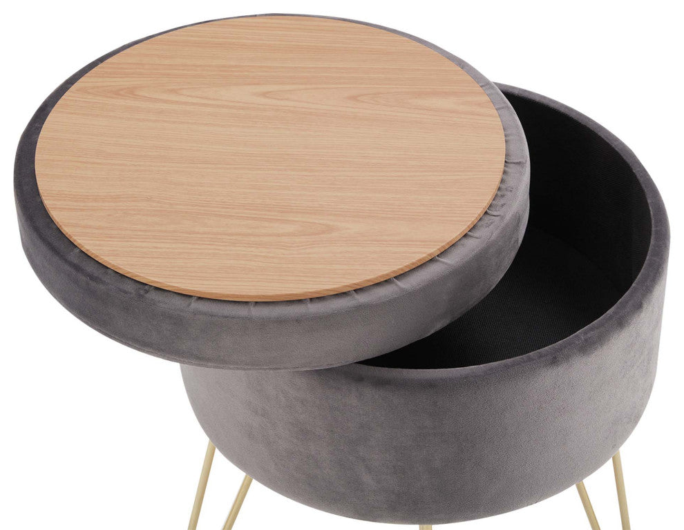 Round Storage Velvet Vanity Stool with Removable Lid, Grey