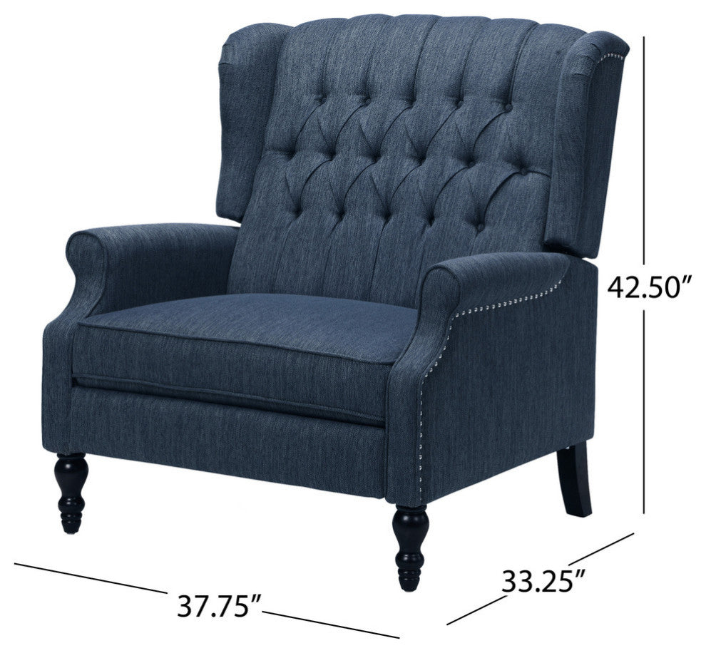 Salome Oversized Tufted Fabric Push Back Recliner, Navy Blue and Dark Brown