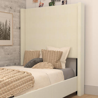 Quinn Upholstered Platform Bed with Channel Stitched Wingback Headboard, Beige, Twin