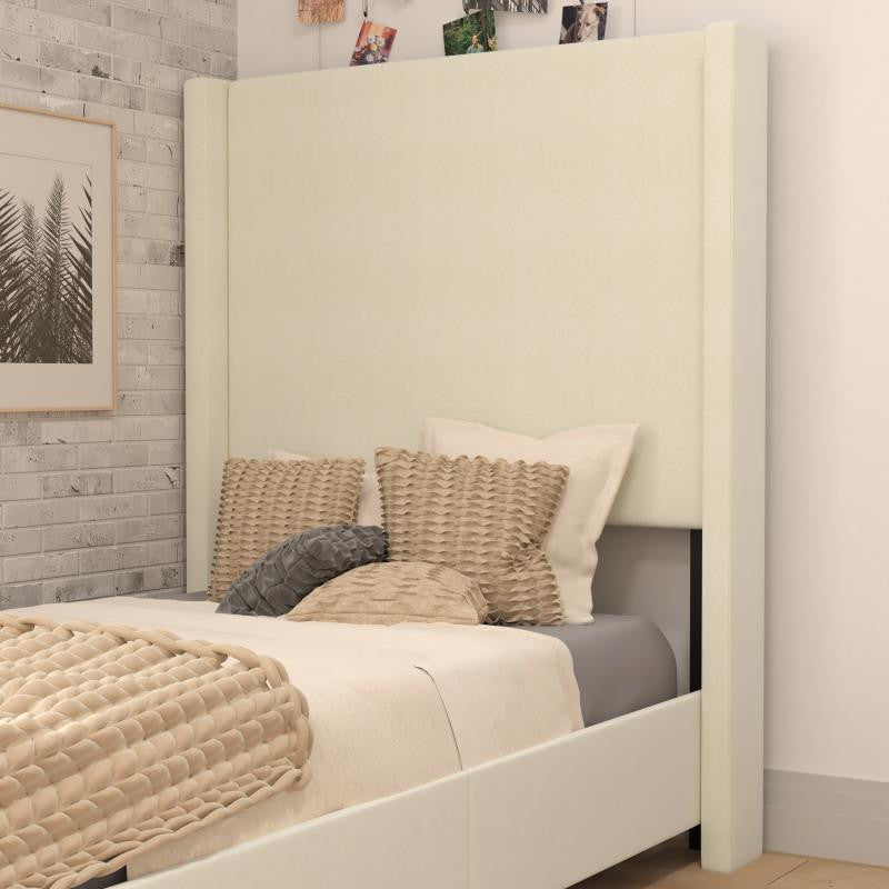 Quinn Upholstered Platform Bed with Channel Stitched Wingback Headboard, Beige, Twin