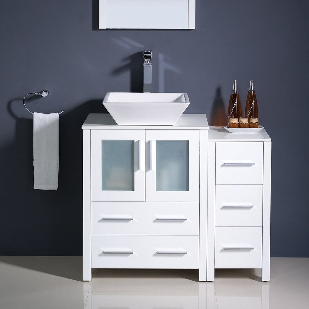 Torino 36" White Modern Bathroom Vanity With Side Cabinet, FFT9152BN