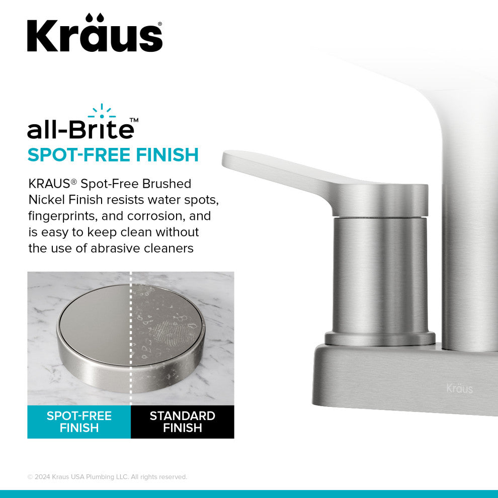 KRAUS Indy 2-Handle 3-Hole Centerset Bathroom Faucet Spot Free BN, PU Drain