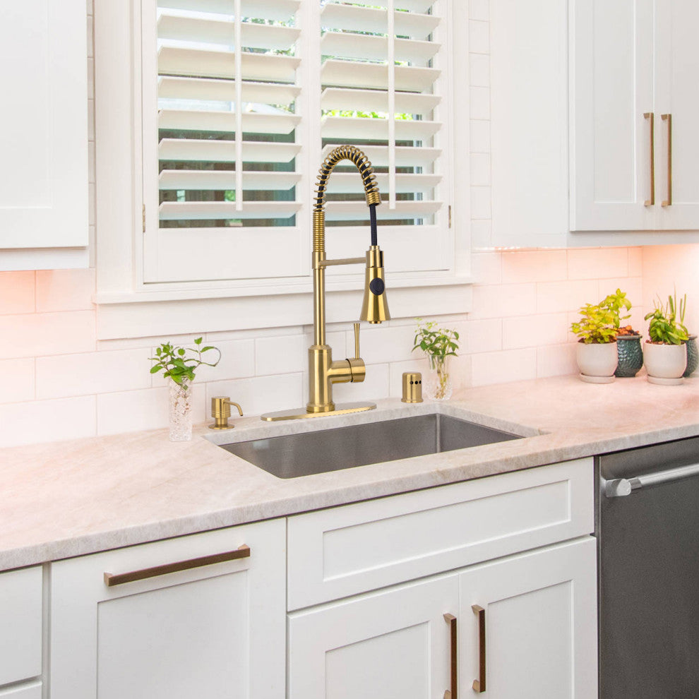 Copper Pre-Rinse Spring Kitchen Faucet with Pull Down Sprayer, Brushed Gold
