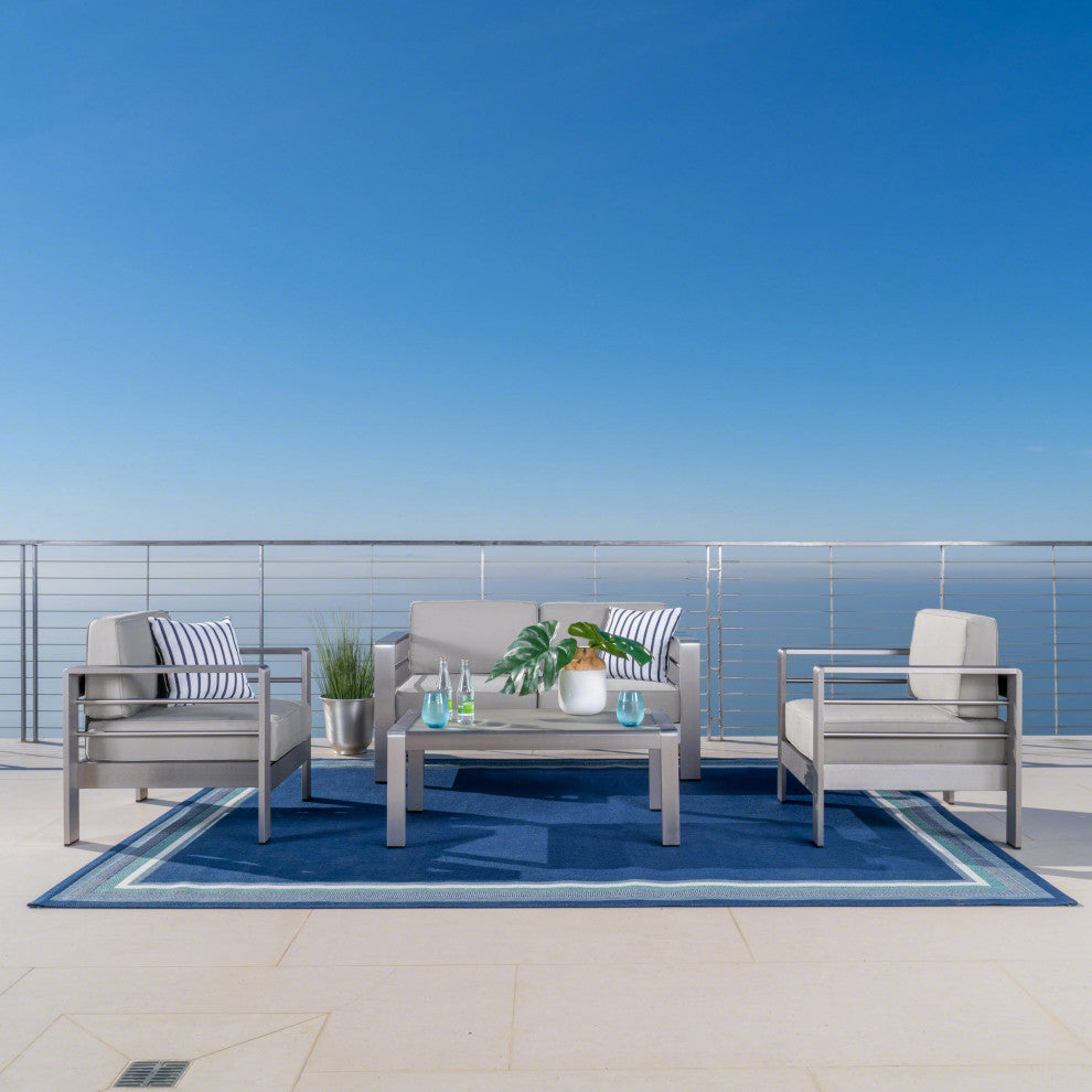 Crested Bay Outdoor Aluminum 4 Seater Chat Set with Sunbrella Cushions, Cast Sil