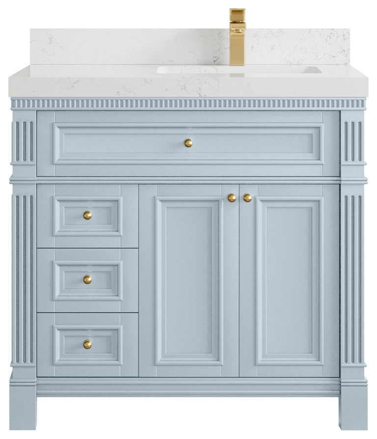 Paris 36" Right Offset Bathroom Vanity, Blue Heather 2" Empira Quartz