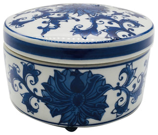 Blue & White Chinoiserie Round Ceramic Box - Lotus