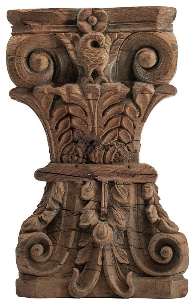 Benzara BM285223 Classic Stool Table, Carved Pillar Accent, Wood, Antique Brown