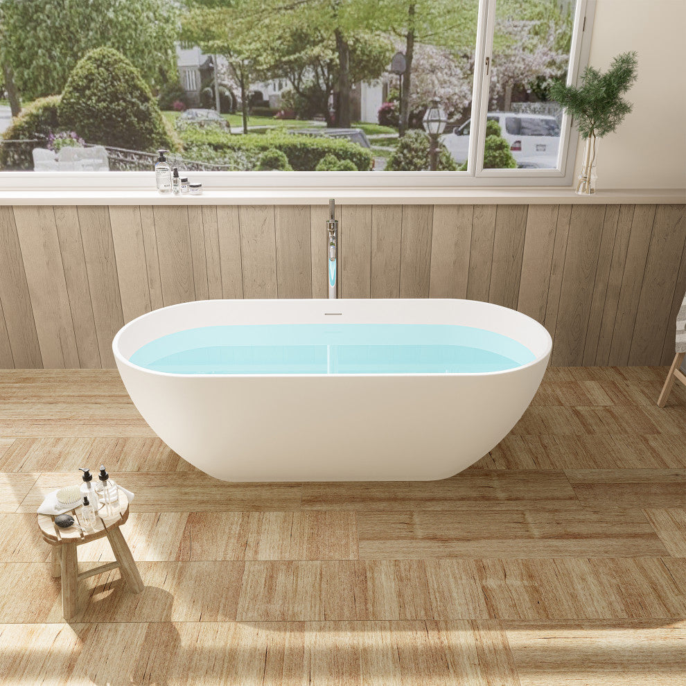 Ryder Flatbottom Freestanding Solid Surface Soaking Bathtub, Matte White, 59inch