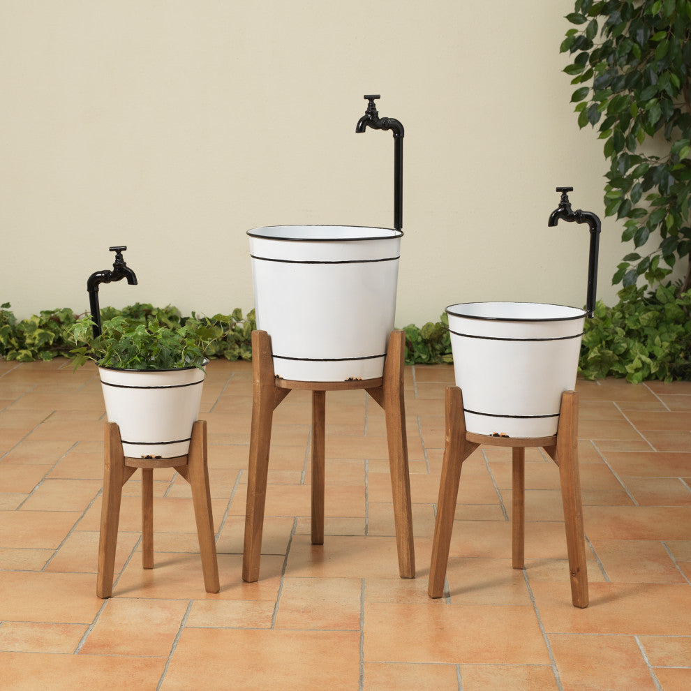 Set of 3, Assorted Metal Faucet Planters, Stands