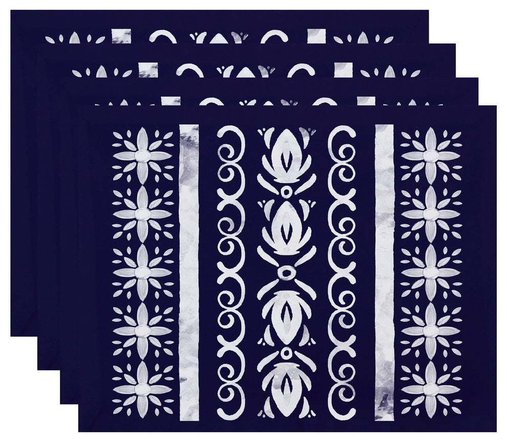 18"x14" Cuban Tile 2, Geometric Print Placemats, Set of 4, Navy Blue