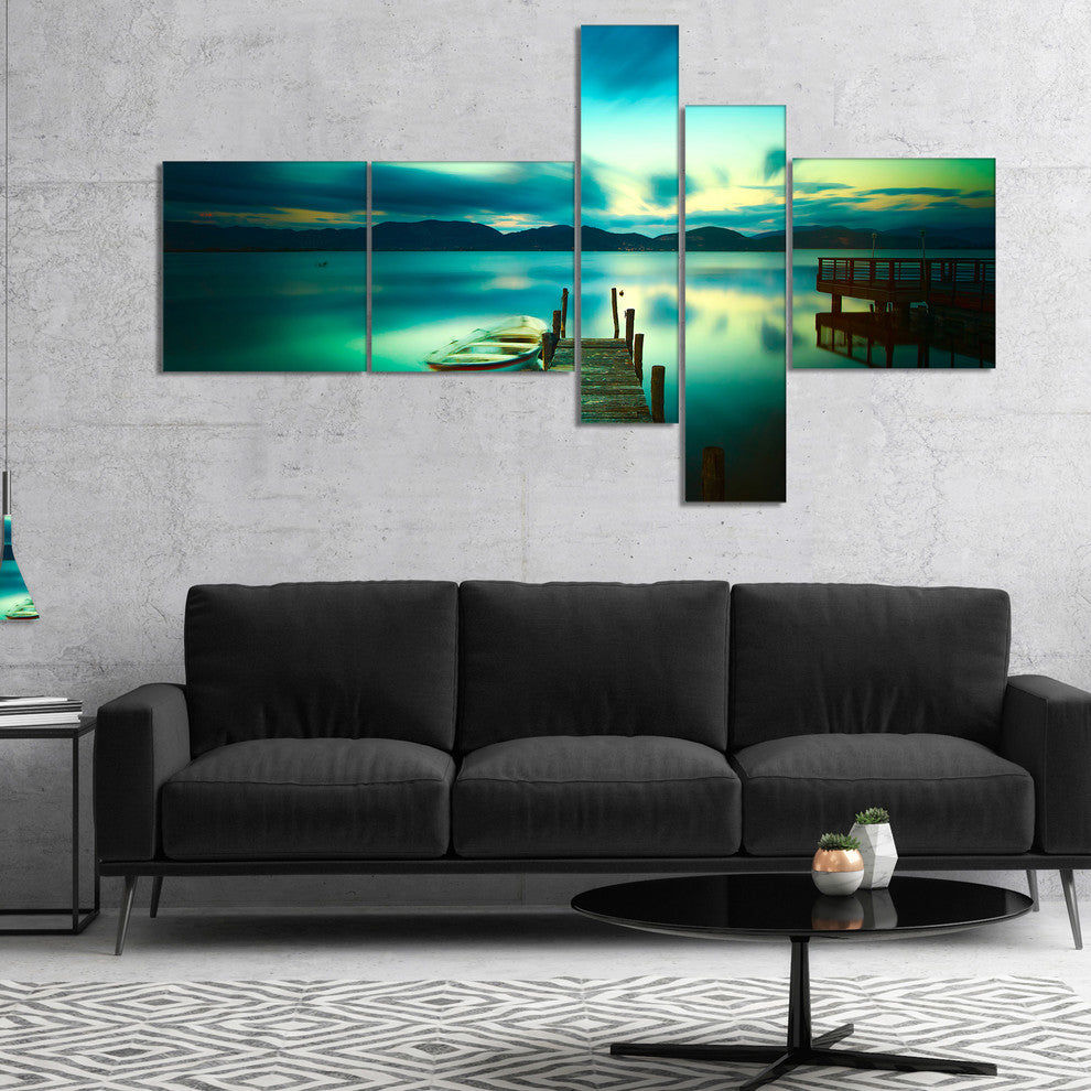 Wooden Jetty and Boat in Sea, Seascape Canvas Art Print, 60"x32", 5 panels