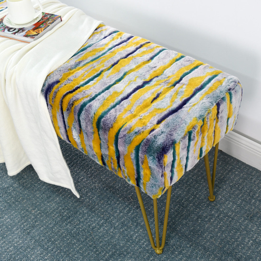 Multi Jacquard Faux Fur Ottoman, Teal, 46"x16"x7"