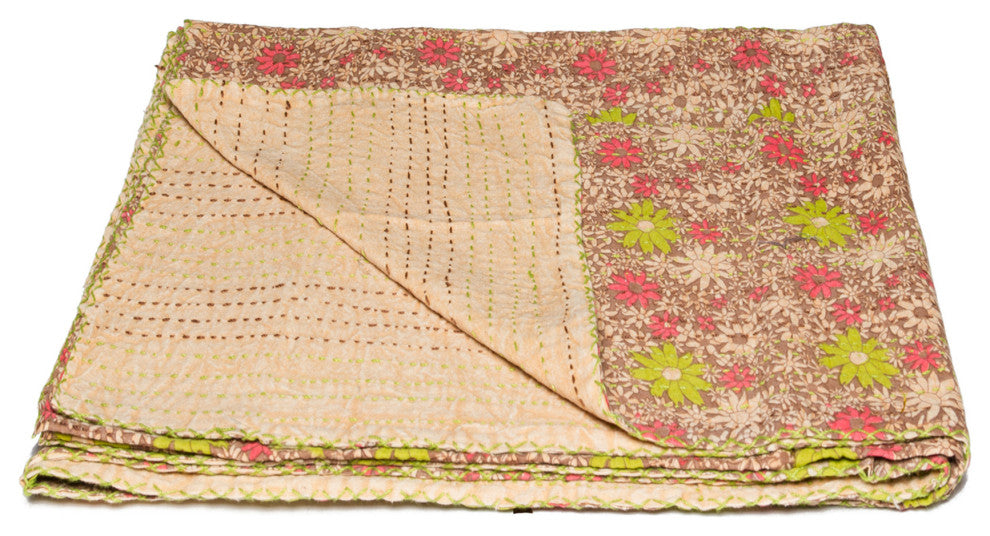 50x70 Green and Brown Kantha Cotton Floral Throw Blanket With Embroidery