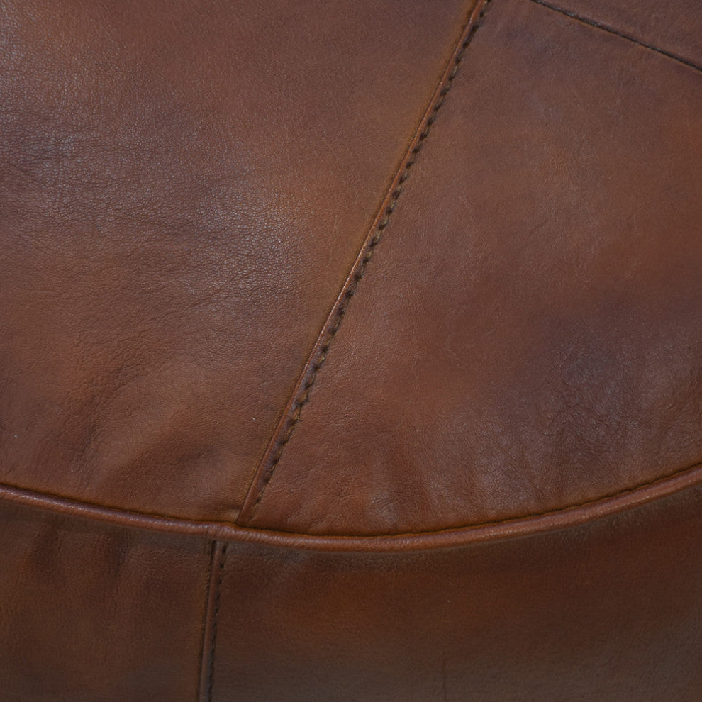 Geometric Handmade Leather Pouf, Recycled Foam With Fiber Fill, Cognac Color, Round, 21x21x12