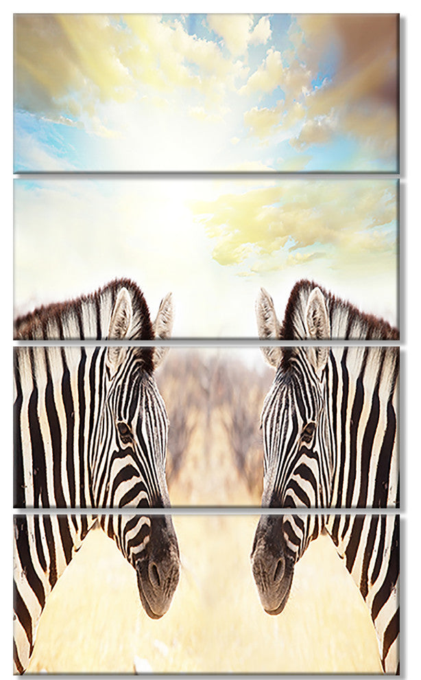 Zebras Face To Face At Sunset, African Canvas Art Print, 28"x48", 4 Panels