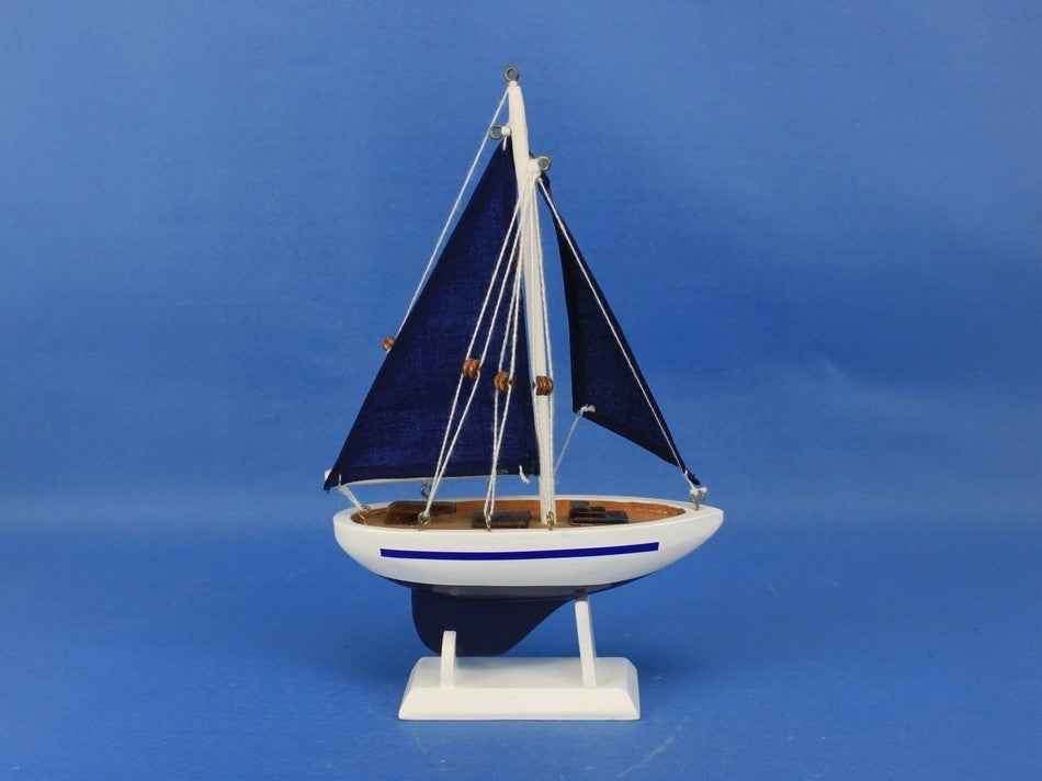 Wooden Pacific Sailer With Blue Sails Model Sailboat Decoration, Blue, 9"