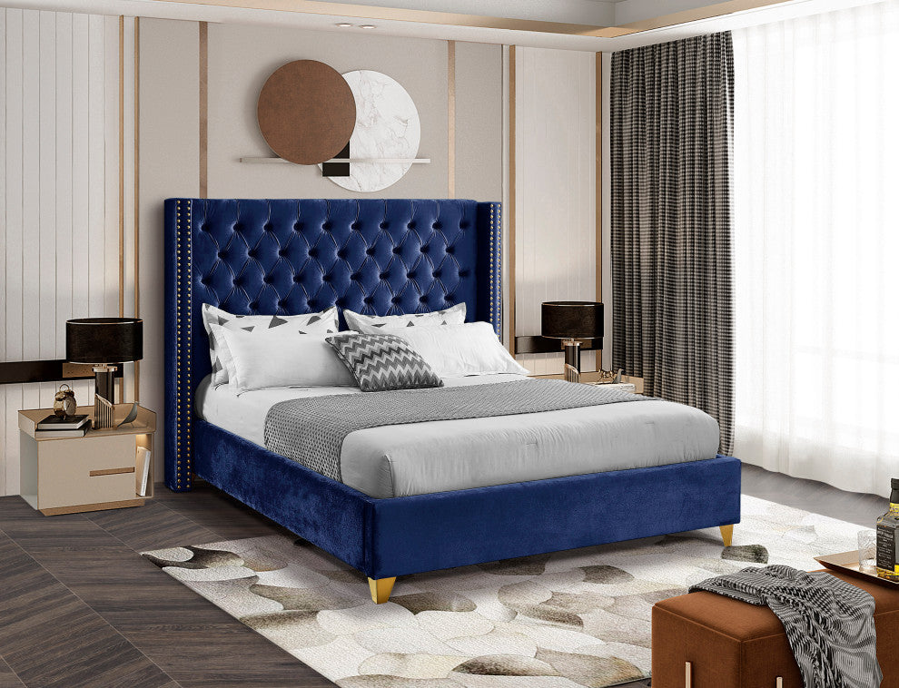 Barolo Velvet Upholstered Bed, Navy, Full
