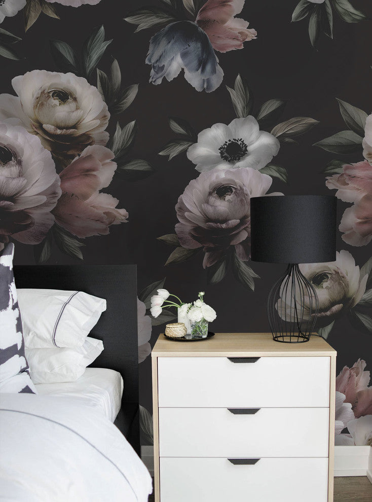 Floral Mural Wall Art Peel and Stick Vinyl Wallpaper, Midnight, 24"w X 96"h