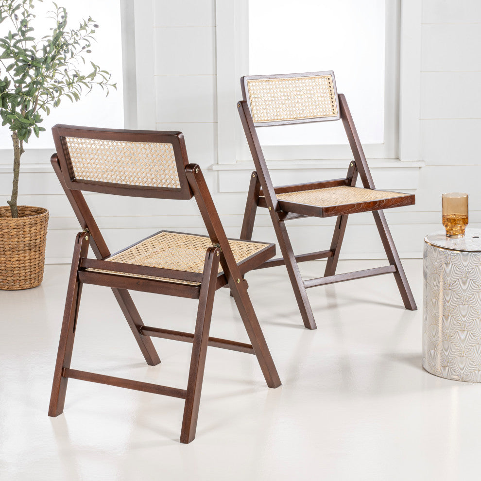 Vintage Wood Rattan Folding Chair With Adjustable Back, Dark Brown, Set of 2