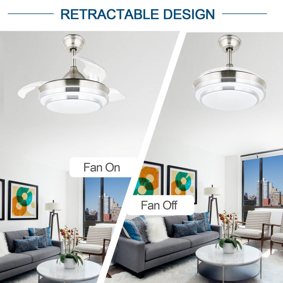 36" Modern Retractable Ceiling Fan With Light Kit, Remote Control, Chrome