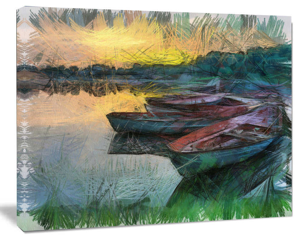 Fishing Boats by River Watercolor, Landscape Canvas Wall Art, 20"x12"