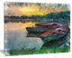 Fishing Boats by River Watercolor, Landscape Canvas Wall Art, 20"x12"