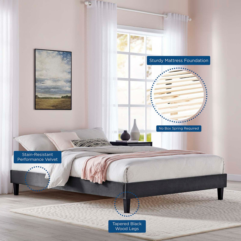 Platform Bed Frame, Full Size, Velvet, Dark Grey Gray, Modern Contemporary