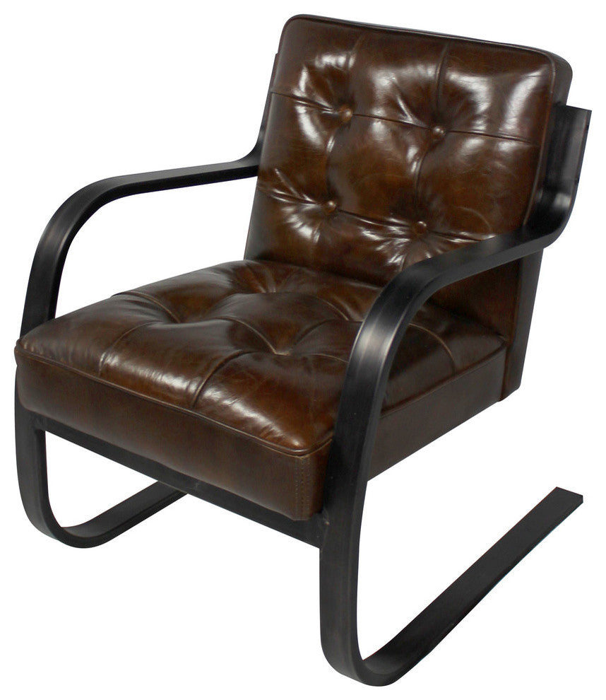 Iverson Chestnut Arm Chair, Tufted Leather and Dark Bronze Metal Frame