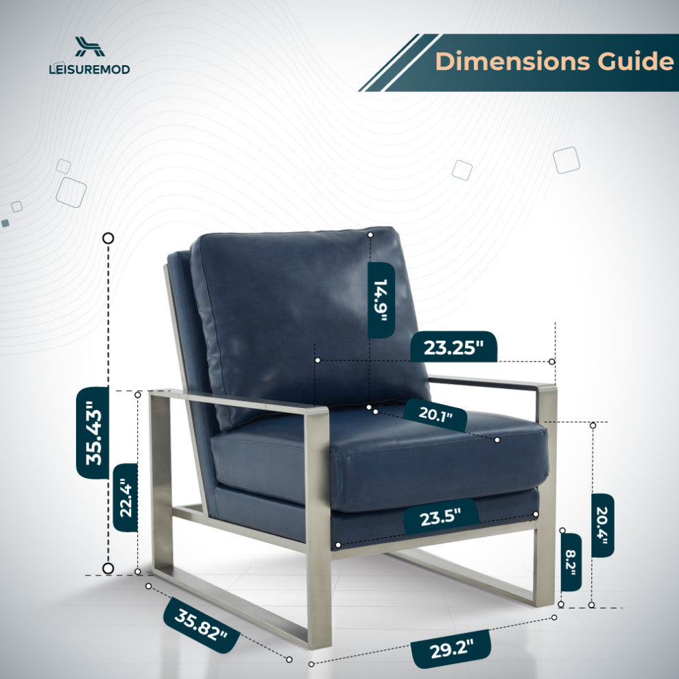 LeisureMod Jefferson Faux Leather Accent Armchair With Silver Frame, Navy Blue