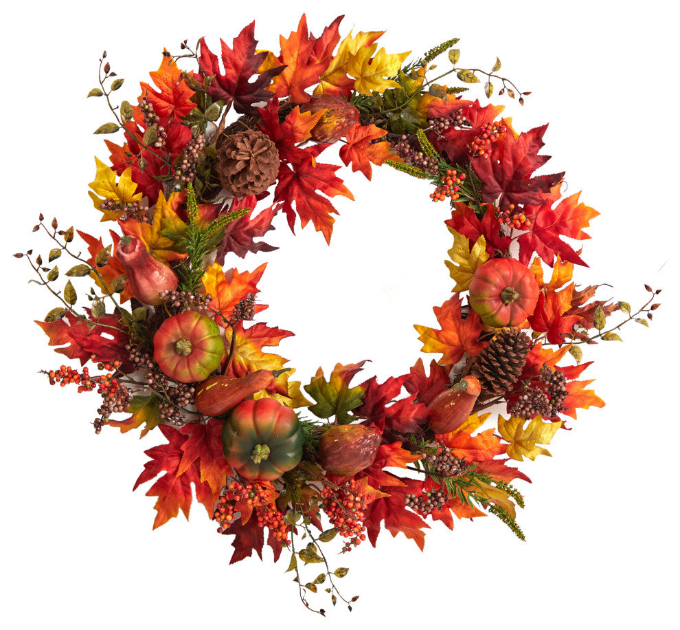 32" Autumn Maple Leaf, Pumpkin and Berries Artificial Fall Wreath