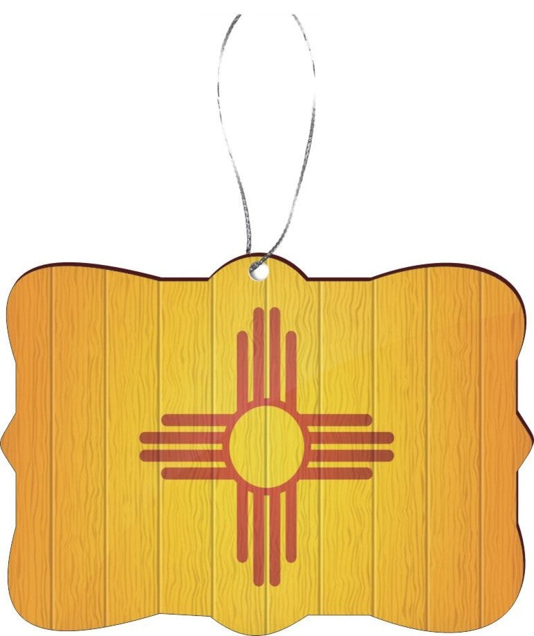 New Mexico Flag on Distressed Wood Design Rectangle Christmas Tree Ornament