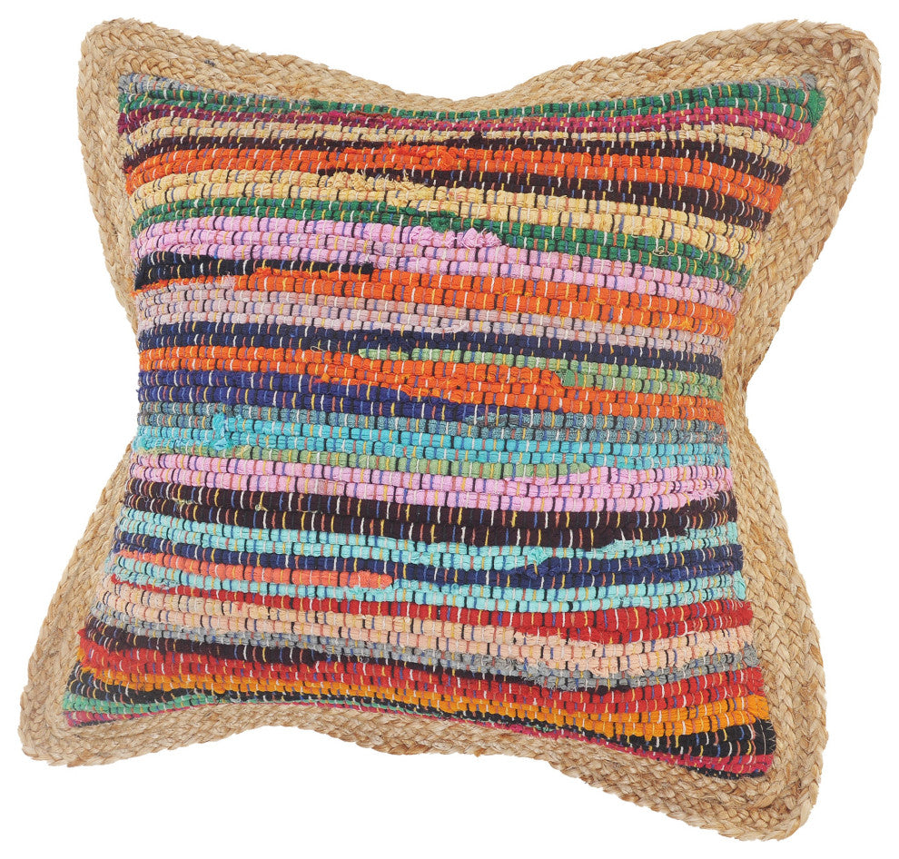 Bold Multicolored Chindi Jute Bordered Throw Pillow